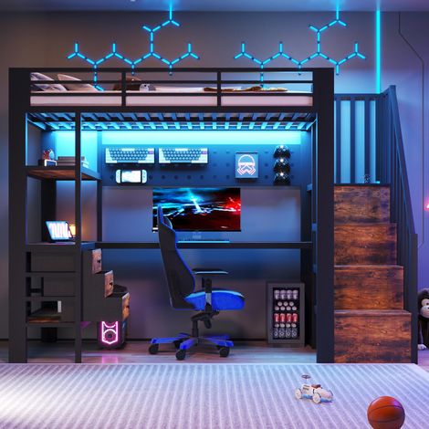 Lit mezzanine 90x200cm, en métal, avec étagère de rangement, tiroir, panneau perforé, table, prise électrique et éclairage LED. Matelas non inclus. Couleur : noir., garantie 2 ans