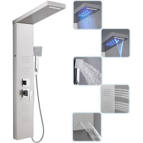 Panneau Colonne de Douche Hydromassante avec Robinetterie et LED, 5 Modes - Pomme de Douche Cascade et Pluie, Jets de Massage, Douchette et Bec de Baignoire, Brossée Acier Inox, Montage Mural (1/5)