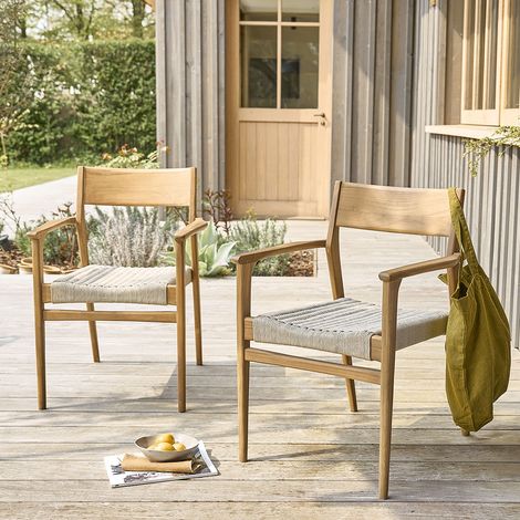 Fauteuil de jardin en teck massif et cordage beige (lot de 2)