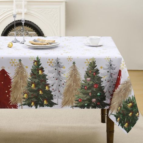 Nappe de Noël 300x150 cm lavable avec sapins de Noël et flocons de neige