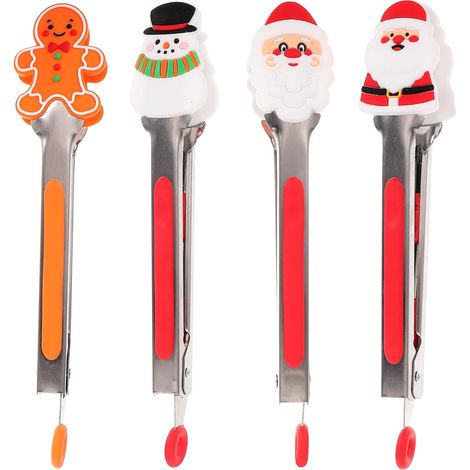 Pinzas de silicona para alimentos navideñas (4 unidades), minipinzas con forma de Papá Noel, muñeco de nieve y hombre de jengibre, con puntas de silicona, para sujetar comida, cubitos de hielo, dulces