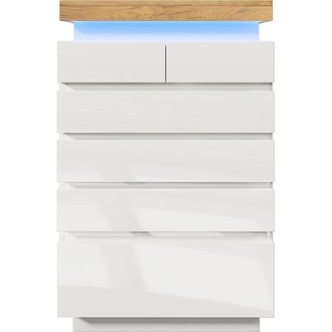 Cómoda blanca de alto brillo con 6 cajones y LED, 73 x 39 x 115 cm, HOMVRA (1/5)