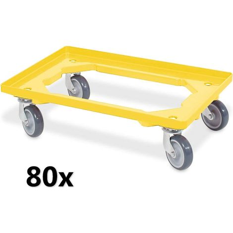 BRB 80x Transportroller für 600x400 mm Eurobehälter, gelb, 4 Lenkrollen, graue Gummiräder