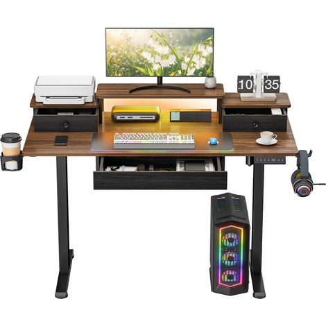 FIANAO – Bureau assis-debout électrique avec tiroirs – porte-écran, prises, LED, hauteur réglable – 122 × 60 × 74 cm, marron (1/5)