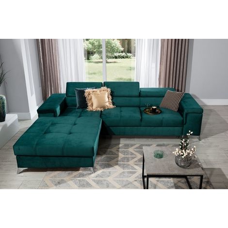 Canapé d'angle convertible en tissu luxe 5 places, RICHARD, couleur vert, angle gauche (1/5)