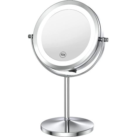 Miroir de maquillage lumineux avec loupe, grossissement 1x/10x. Miroir rond à LED double face, rotatif à 360°. (1/5)