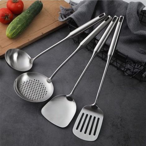 Set di 4 utensili da cucina in acciaio inox, lavabili in lavastoviglie, realizzati in acciaio inox 304. (1/5)