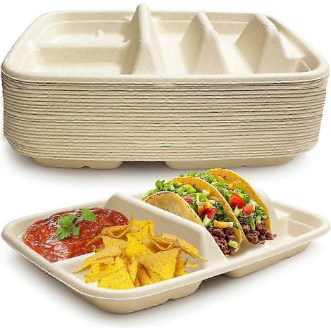 Assiettes à tacos jetables pour 2 tacos et 2 accompagnements - Lot de 25 avec séparateurs, support à tacos Fiesta, support à tacos (1/5)