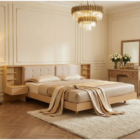Lit 180x200 cm en bois naturel avec tête de lit rangement, gain de place, sans matelas – MEUBLIV (1/5)