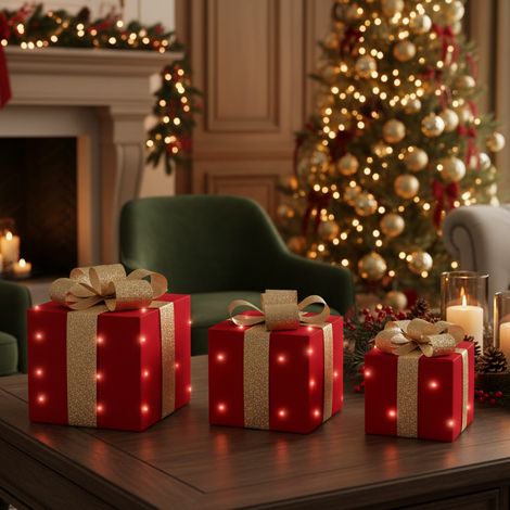 Pacchi regalo rossi con led per decorazioni natalizie da h 24 cm (1/4)