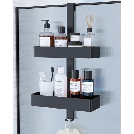 Étagère Douche à Suspendre - Étagère Salle de Bain à 2 Niveaux Suspendues sur la Porte, sans Perçage et Antirouille, Rangement Salle de Bain Polyvalent, 29,1 x 11,2 x 55,3 cm, Noir (1/5)