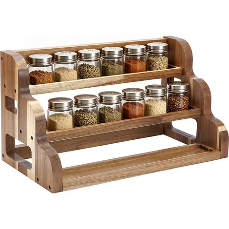 Étagère à épices en bois d'acacia, étagère à épices à 3 étages pour armoire, étagère de rangement en bois pour plan de travail de cuisine ou garde-manger (1/5)