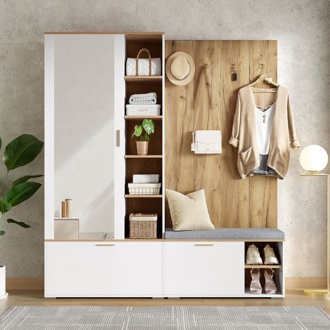 Armario recibidor de 160 x 38 x 180 cm, con zapatero, perchero extensible, 4 ganchos, espejo y banco acolchado, blanco y efecto madera (1/5)