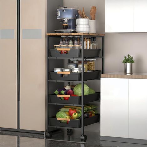 Organiseur à 5 étages avec cadre en métal, chariot polyvalent avec plateau en bois, roulettes multifonctionnelles, rangement avec tiroirs extensibles pour cuisine, salon, salle de bain (1/5)