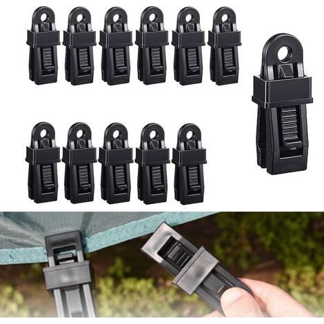 12 pièces Clips de bâche, Clips pour voiles d'ombrage, Jeu de Pinces de Support de bâche, Jeu de Pinces de bâche, Pinces de Tension, pour Tente, auvents, couvertures, voiles d'ombrage (Noir) (1/4)
