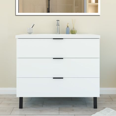 Meuble de Salle de Bain 100cm avec 3 tiroirs + 2 Pieds, Meuble simple vasque, Blanc (1/5)