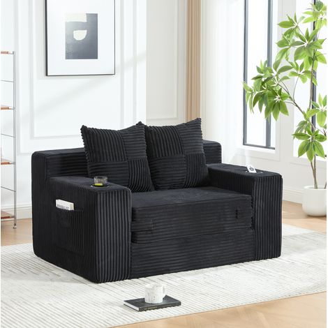 Canapé pouf en tissu noir 151 x 133 x 64 cm avec 2 coussins, accoudoirs et poches latérales de rangement, assise ergonomique pour salon – de FLORAGRACE (1/5)