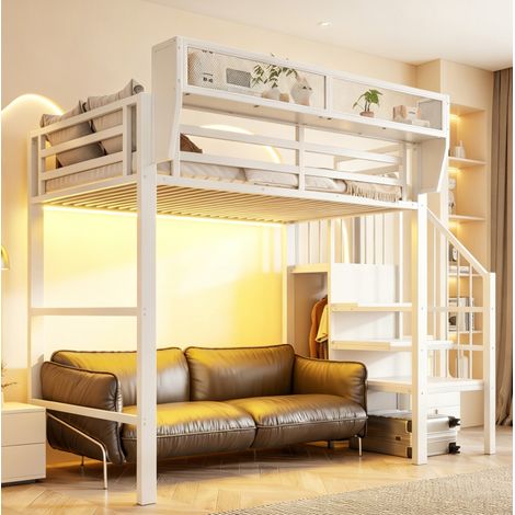 Letto a soppalco 90x200 cm con illuminazione a LED, ripiano regolabile e scaletta di sicurezza, in metallo bianco, salvaspazio (1/5)