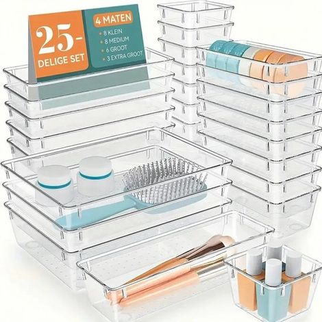 Set de 25 organiseurs de tiroir – Transparents – Empilables – Antidérapants – Cuisine, salle de bain, bureau (1/5)