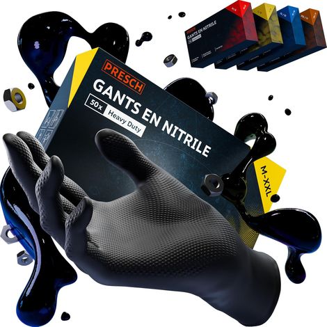 Heavy Duty Gants Jetables Noir 50 pc (XL - 10) - Gants en nitrile avec texture diamantée pour plus d’adhérence - Sans latex et poudre - Très épais et indéchirable (1/5)
