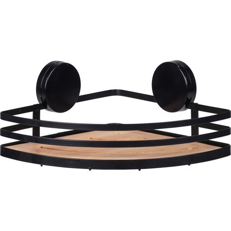 WENKO Static-Loc® Eckablage Alba, Badezimmerablage, Schwarz, Stahl schwarz, Bambus natur