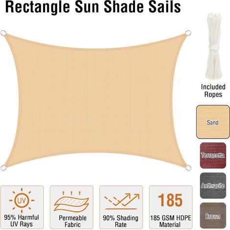 Voile d'ombrage Rectangulaire 3x4m Toile d'ombrage 95% UV Protecteur 185g/m² HDPE pour Patio Extérieur Jardin Terrasse Balcon, Sable (1/5)