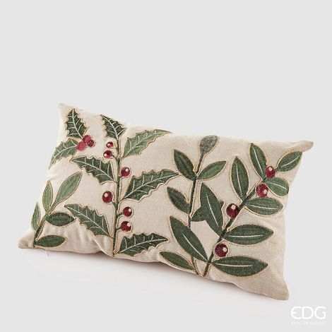 EDG Enzo De Gasperi Cuscino Agrifoglio Rettangolare Natalizio L50 Cm L 30 Cm Velluto Bianco Verde