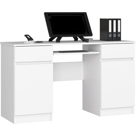 Akord – Bureau droit blanc 135 cm – 2 tiroirs et 2 portes – 5 étagères – Panneau stratifié – Dimensions 135x50x77 cm