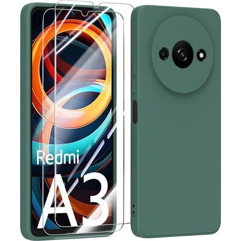 Silicone Coque pour Xiaomi Redmi A3 4G avec 2 Verre trempé Protection écran,Couleur Pastel Ultra-Mince Souple en TPU en Silicone Antichoc Bumper Housse - Vert foncé (1/5)