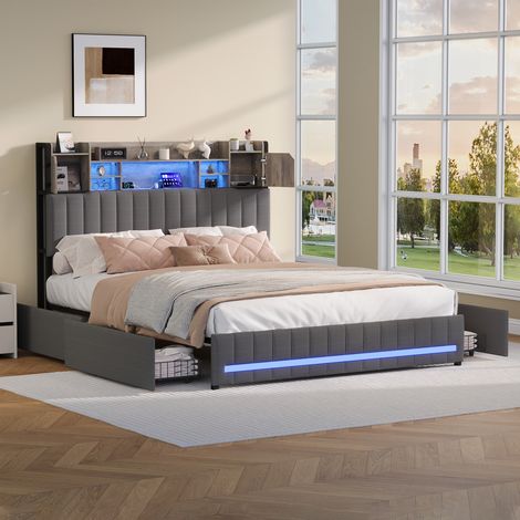 Lit Double 140x200cm, Lit Adulte Rembourré avec LED et USB,cadre de lit avec sommier et 4 tiroirs,Tete de Lit avec Rangement,lit 2 personnes pour Adolescents, lin gris, sans matelas (1/5)