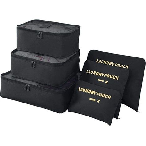 Ensemble de 6 organisateurs de bagages noirs pour ranger vêtements, chaussures et accessoires en voyage.-AquaForge (1/5)