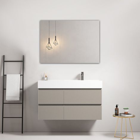 Mobile bagno sospeso cannettato 100 cm Grigio Cenere Lavabo a Destra in Resina Specchio Quadro - Fiji Paint (1/4)