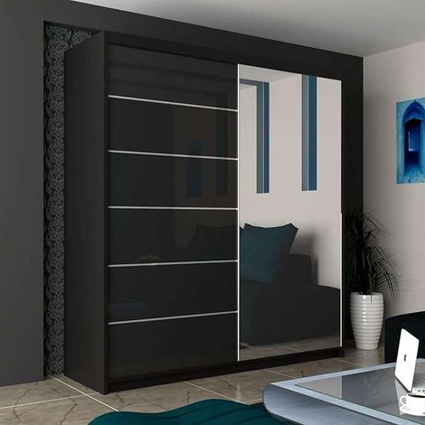 Modern 2-door High Gloss Wardrobe with Shelves, Hanging Rail, and Storage - Black 200cm (1/2)