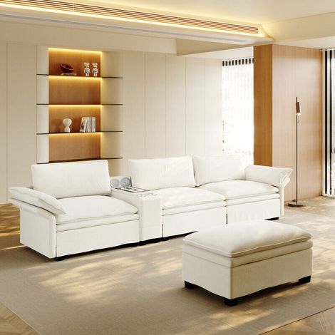 Canapé d'angle modulaire de 315 cm – Canapé « Cloud » en forme de L en chenille, avec rangements, pouf, chargeur sans fil, haut-parleurs, éclairage et 2 porte-gobelets – Canapé pour salon et bureau –