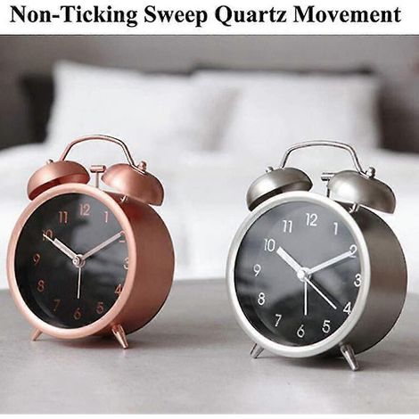 Réveil de chambre silencieux, sans tic-tac, avec cadre en métal mat et double sonnerie de 10 cm. Fonctionne sur piles et convient aux enfants (or rose). (1/3)