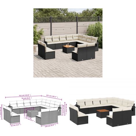 13-tlg. Garten-Sofagarnitur mit Kissen Schwarz Poly Rattan - Gartenmöbel - Esszimmergarnituren - Outdoor Möbel - Lounge Set - Rattan Gartenmöbel - Home & Living