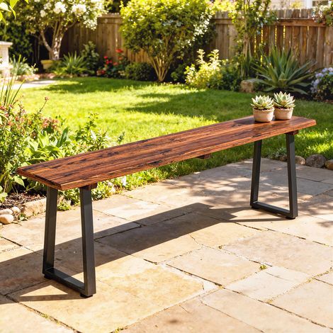 Panchina da giardino in legno senza schienale, gambe trapezoidali in acciaio, 2 posti con effetto legno, 150x28x48 cm, carbonizzata