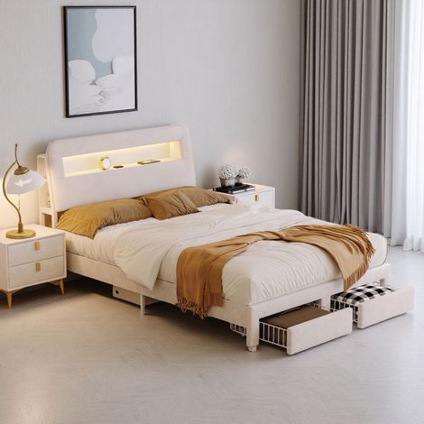 Cama 160x200 cm de terciopelo beige - cabecera LED integrada, USB, 2 cajones, somier incluido, marco de metal