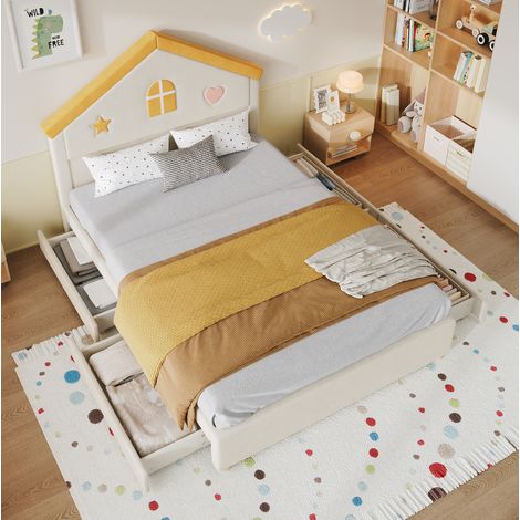 Letto bambino 140 x 200 cm con 4 cassetti, letto casa imbottito beige in velluto francese DESVIAE (1/5)