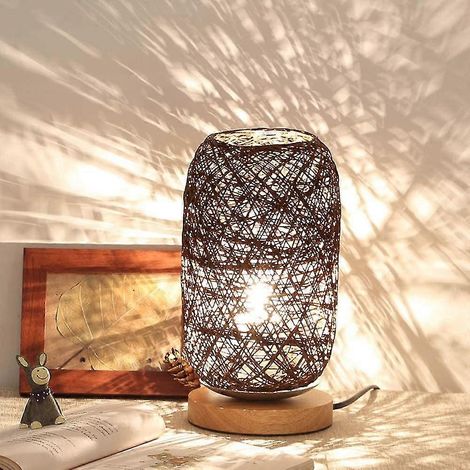 Nachttischlampe aus Rattankabel und braunem Holzsockel (1/5)