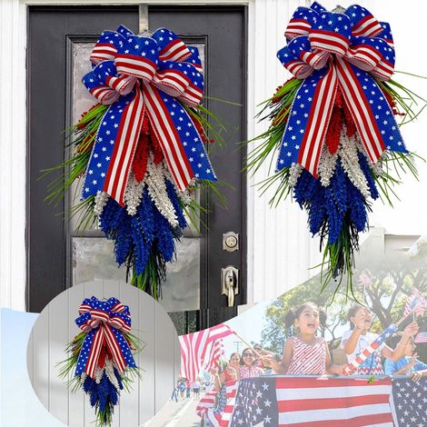 Guirlande Porte - Couronne De Blé Rouge Blanc Bleu Pour Fête Nationale Américaine - Décoration Extérieure Porte Et Porche - 50 cm (1/5)
