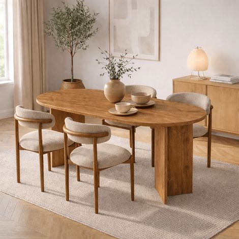 Ovaler Esstisch aus Kiefernholz, Melamin – Japandi – 200 x 89,5 x