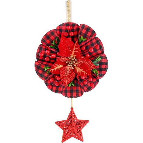 Red Christmas wreath with star for door or window. Holiday decoration. (1/5)