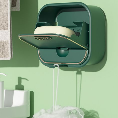 Porte-savon mural créatif sans perçage avec fonction d'égouttage, design à couvercle rabattable populaire, vert foncé. (1/5)