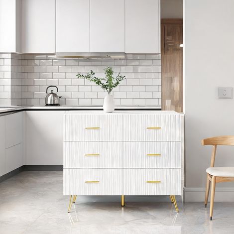 Meuble de rangement à 6 tiroirs blanc et or en panneaux (1/5)
