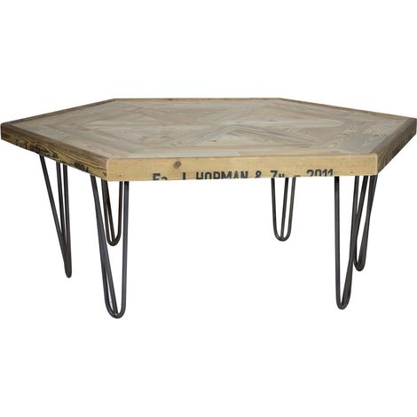 Exklusiver Sechseck-Couchtisch aus alten Apfelsteigen auf Hairpin-Legs 99x99x39cm (1/2)