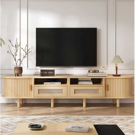 Meuble TV ovale MDF chêne clair 170 x 40 x 40 cm, 2 tiroirs effet rotin, 2 portes coulissantes, 8 pieds (1/5)