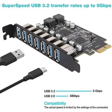 Scheda di espansione PCIE a USB 3.2 a 7 porte, scheda di espansione pannello frontale USB 3.2 Superspeed 5 Gbps, scheda di espansione USB PCIE, convertitore hub USB3 interno per Win XP Win7 Win 8 Win  (1/4)