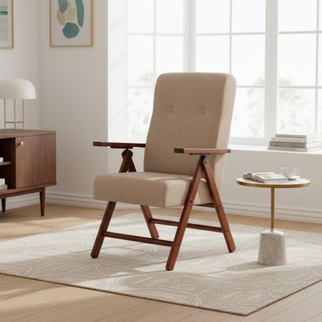 Poltrona Pianosa Regolabile 4 Posizioni in Legno di Faggio Noce e tessuto Beige – Comfort e Relax Quotidiano (1/4)