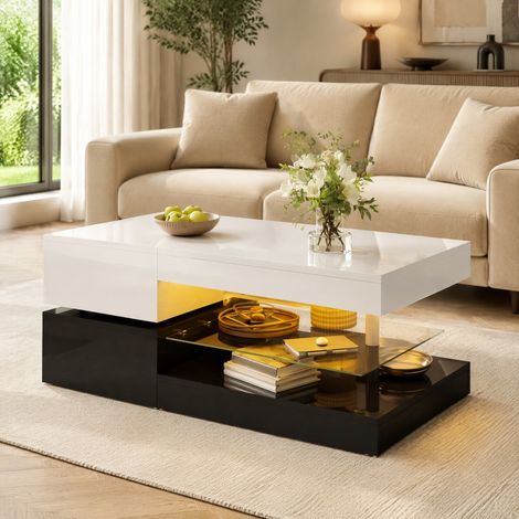 Table basse avec LED, étagère en verre, finition brillante, noir et blanc 90x45x35,5 cm DESVIAE (1/5)